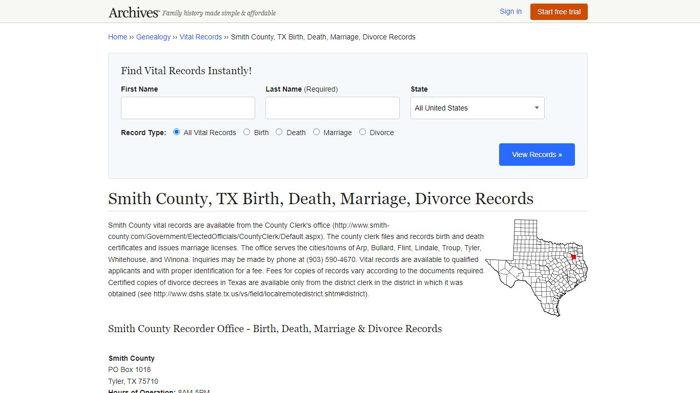 Smith County, TX Birth, Death, Marriage, Divorce Records